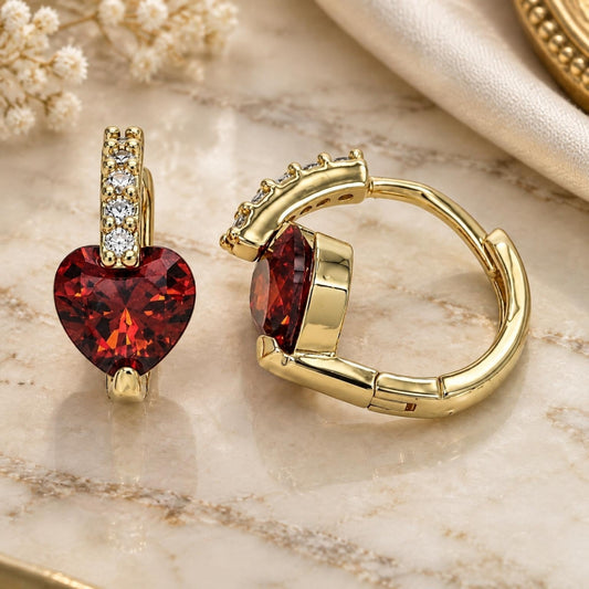 Oro Laminado Huggie Hoop, Gold Filled Style Heart Design, with Garnet and White Cubic Zirconia, Polished, Golden Finish