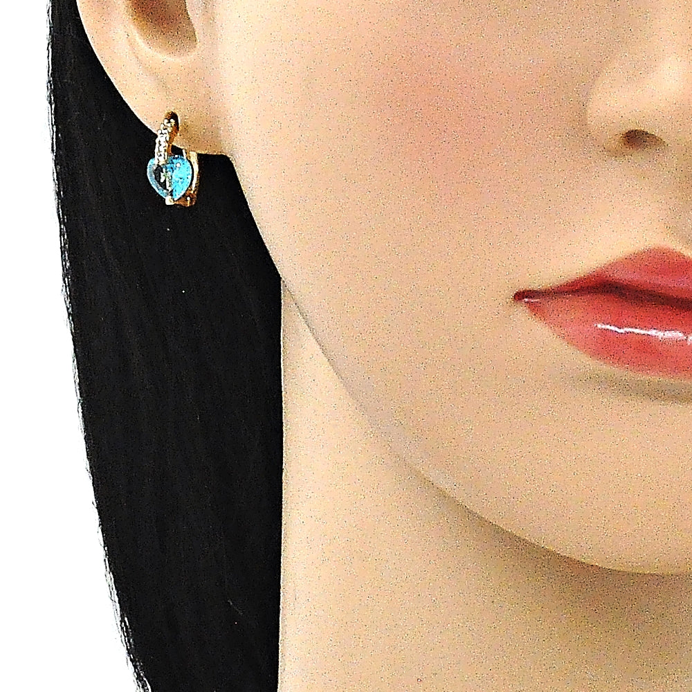 Oro Laminado Huggie Hoop, Gold Filled Style Heart Design, with Aqua Blue and White Cubic Zirconia, Polished, Golden Finish