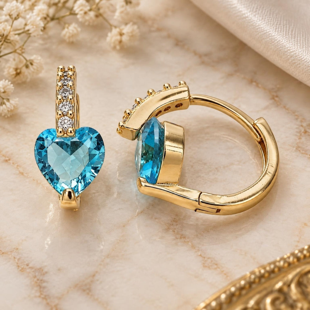Oro Laminado Huggie Hoop, Gold Filled Style Heart Design, with Aqua Blue and White Cubic Zirconia, Polished, Golden Finish