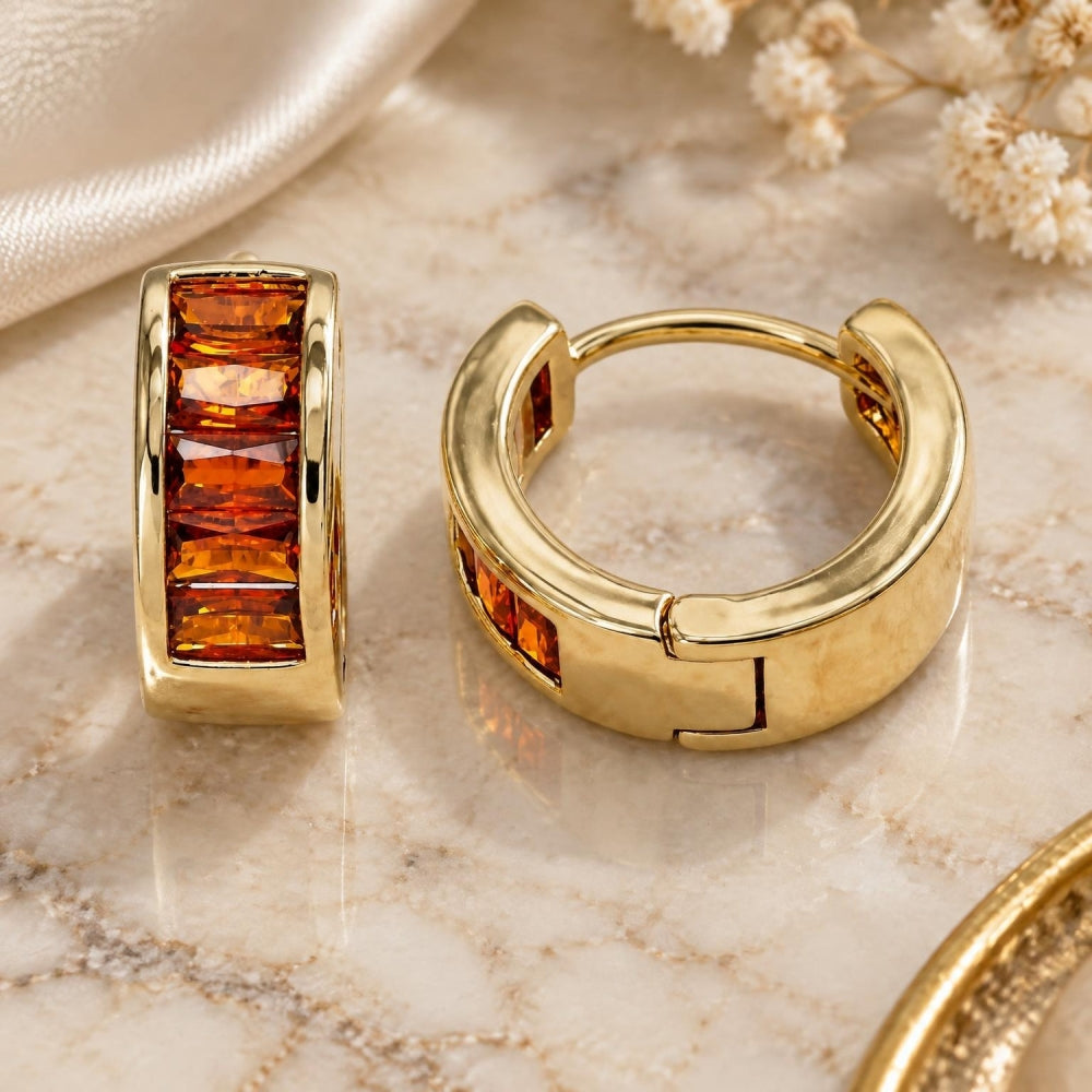 Oro Laminado Huggie Hoop, Gold Filled Style Baguette Design, with Garnet Cubic Zirconia, Polished, Golden Finish