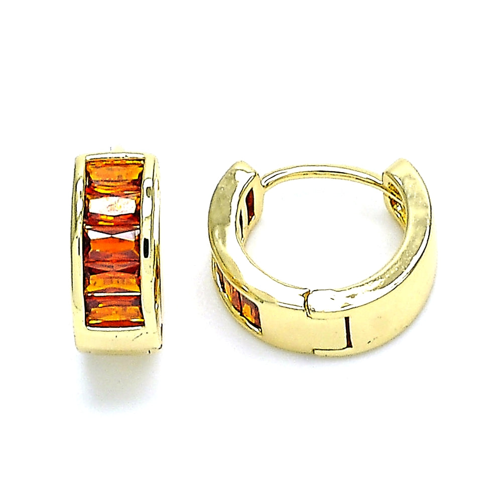 Oro Laminado Huggie Hoop, Gold Filled Style Baguette Design, with Garnet Cubic Zirconia, Polished, Golden Finish