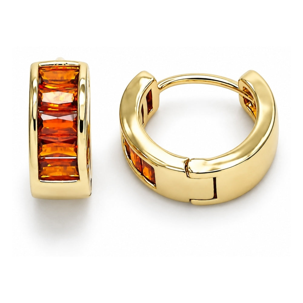 Oro Laminado Huggie Hoop, Gold Filled Style Baguette Design, with Garnet Cubic Zirconia, Polished, Golden Finish