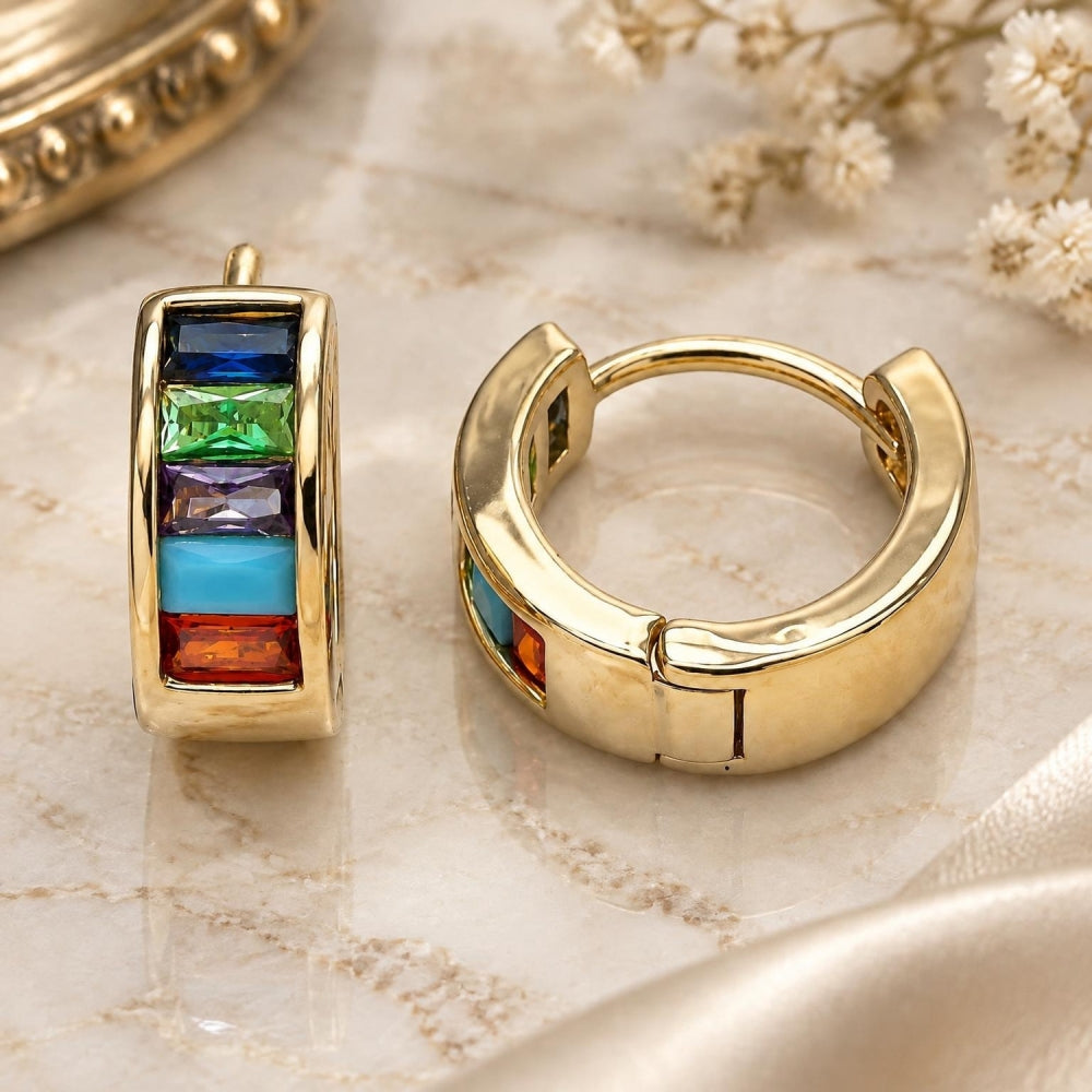 Oro Laminado Huggie Hoop, Gold Filled Style Baguette Design, with Multicolor Cubic Zirconia, Polished, Golden Finish