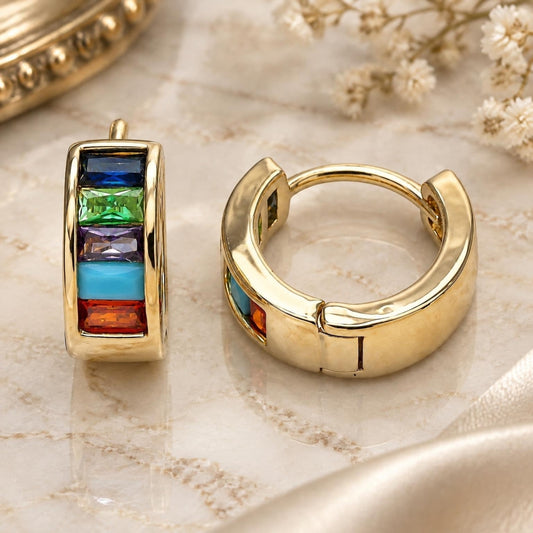 Oro Laminado Huggie Hoop, Gold Filled Style Baguette Design, with Multicolor Cubic Zirconia, Polished, Golden Finish