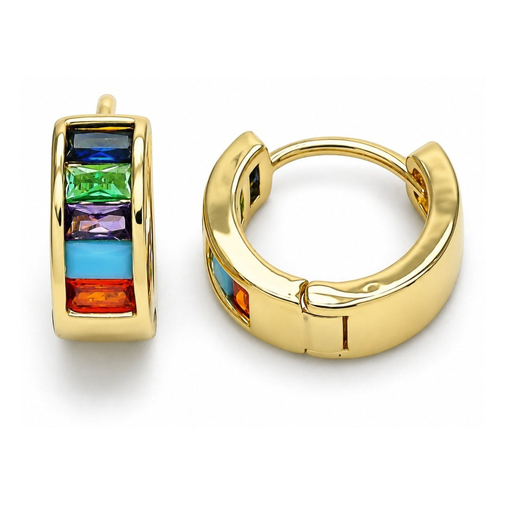 Oro Laminado Huggie Hoop, Gold Filled Style Baguette Design, with Multicolor Cubic Zirconia, Polished, Golden Finish