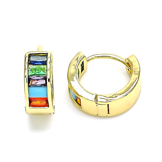 Oro Laminado Huggie Hoop, Gold Filled Style Baguette Design, with Multicolor Cubic Zirconia, Polished, Golden Finish