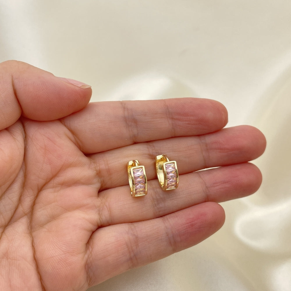 Oro Laminado Huggie Hoop, Gold Filled Style Baguette Design, with Pink Cubic Zirconia, Polished, Golden Finish