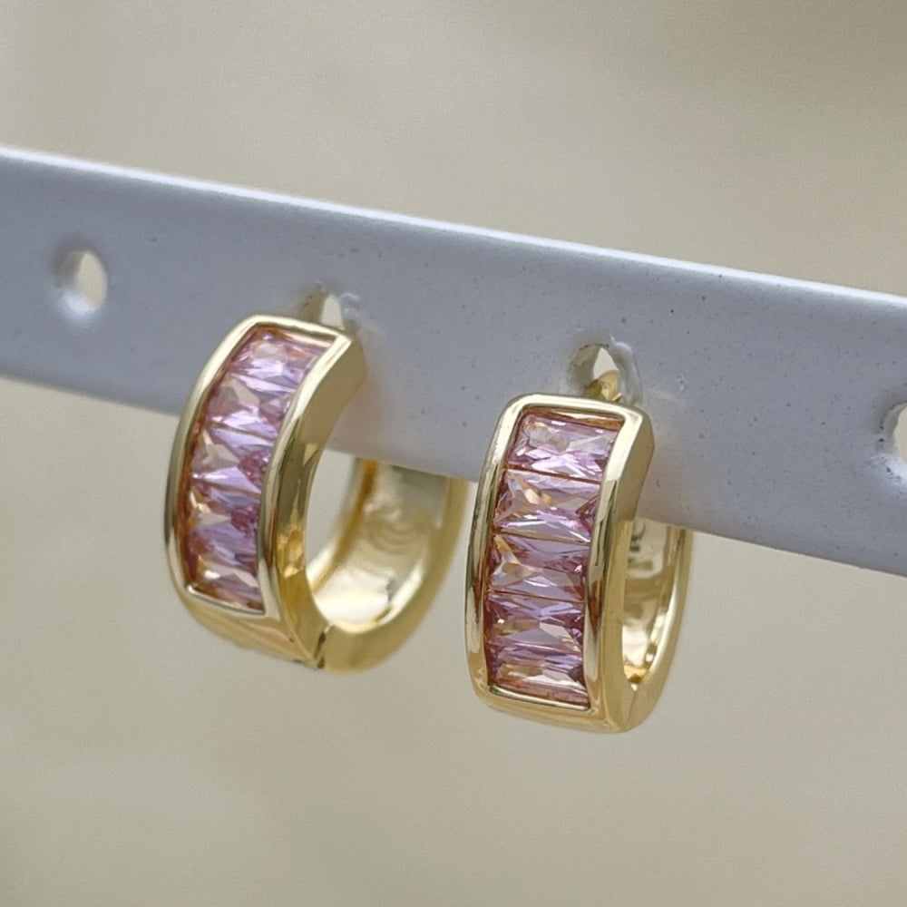 Oro Laminado Huggie Hoop, Gold Filled Style Baguette Design, with Pink Cubic Zirconia, Polished, Golden Finish