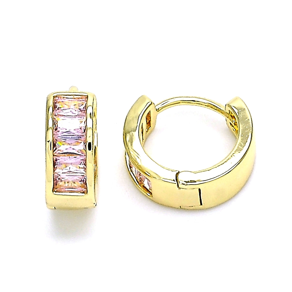 Oro Laminado Huggie Hoop, Gold Filled Style Baguette Design, with Pink Cubic Zirconia, Polished, Golden Finish