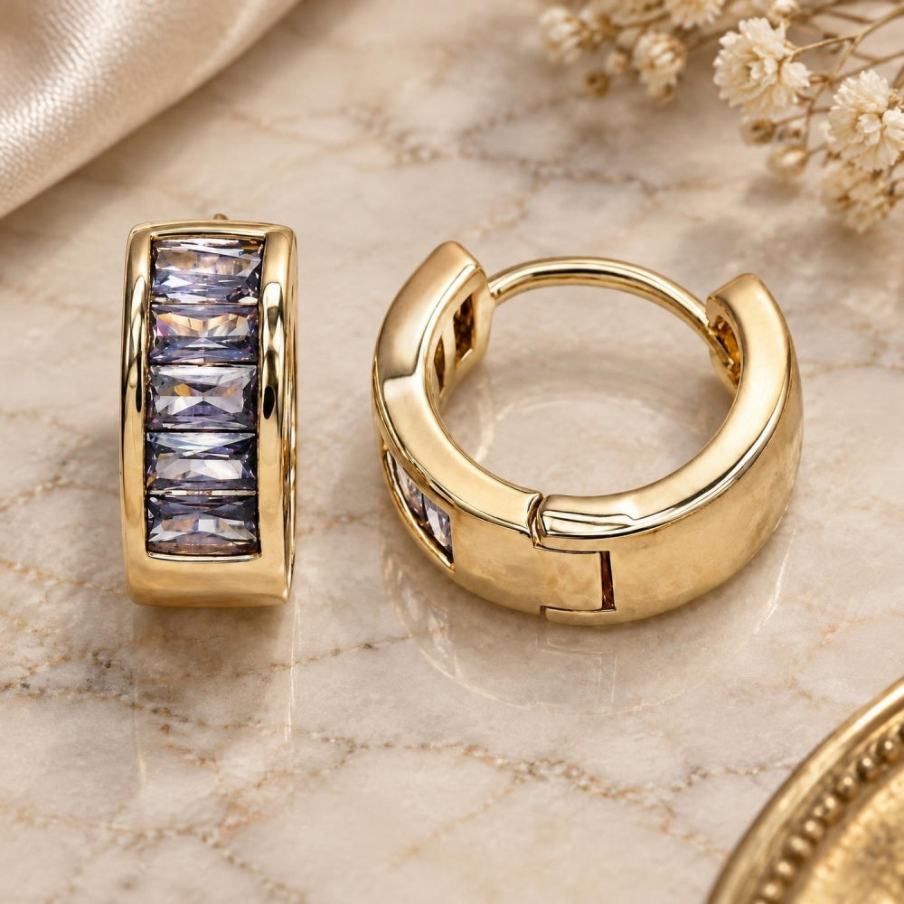 Oro Laminado Huggie Hoop, Gold Filled Style Baguette Design, with Amethyst Cubic Zirconia, Polished, Golden Finish