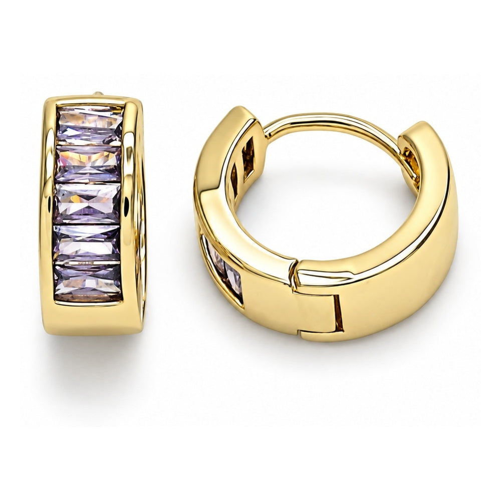 Oro Laminado Huggie Hoop, Gold Filled Style Baguette Design, with Amethyst Cubic Zirconia, Polished, Golden Finish