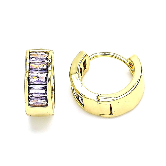 Oro Laminado Huggie Hoop, Gold Filled Style Baguette Design, with Amethyst Cubic Zirconia, Polished, Golden Finish