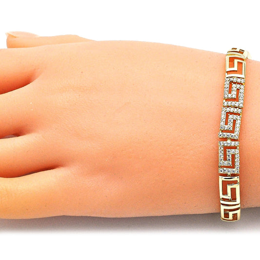 Oro Laminado Fancy Bracelet, Gold Filled Style Greek Key Design, with White Micro Pave, Polished, Golden Finish