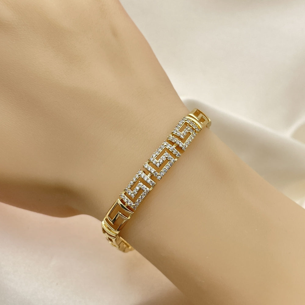 Oro Laminado Fancy Bracelet, Gold Filled Style Greek Key Design, with White Micro Pave, Polished, Golden Finish