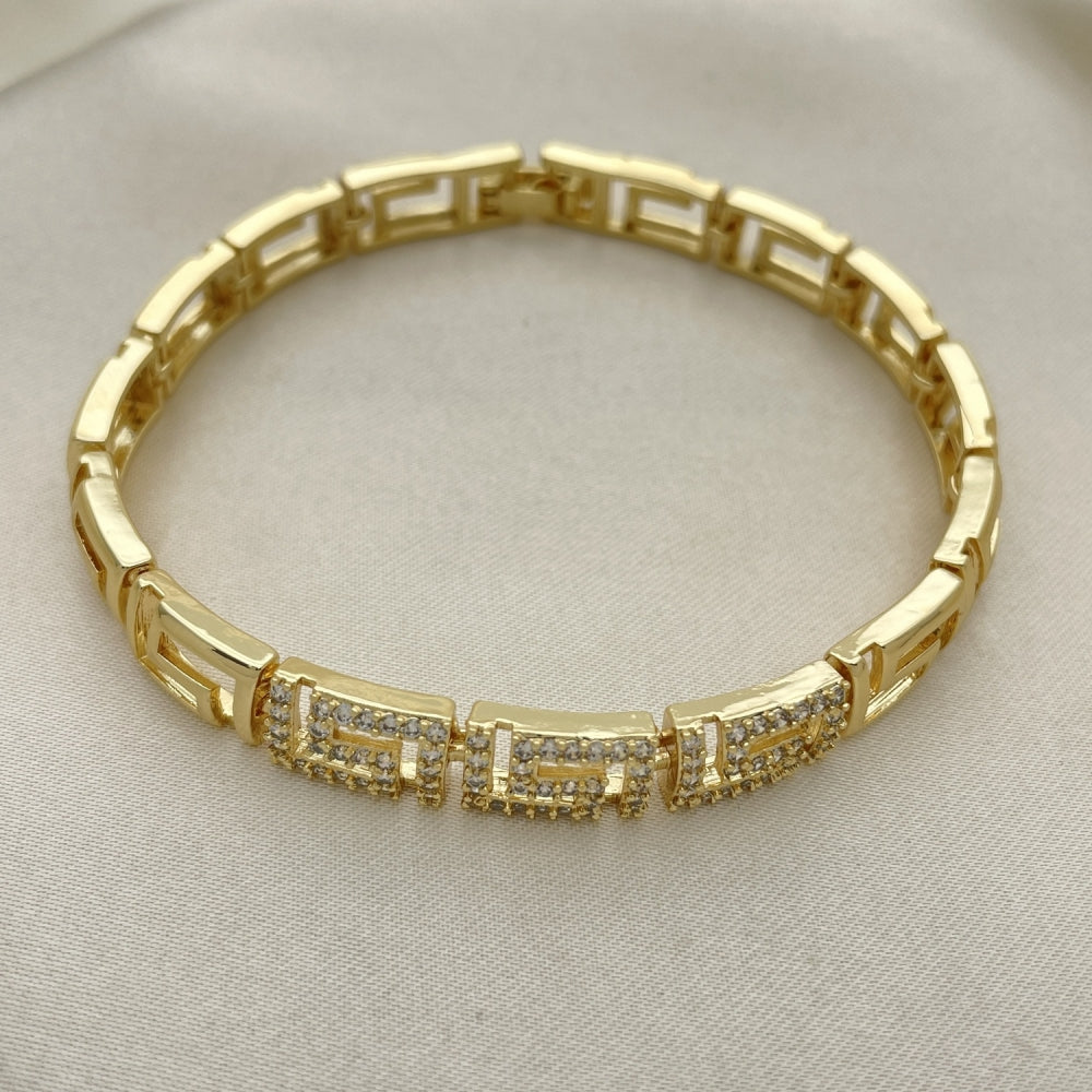 Oro Laminado Fancy Bracelet, Gold Filled Style Greek Key Design, with White Micro Pave, Polished, Golden Finish