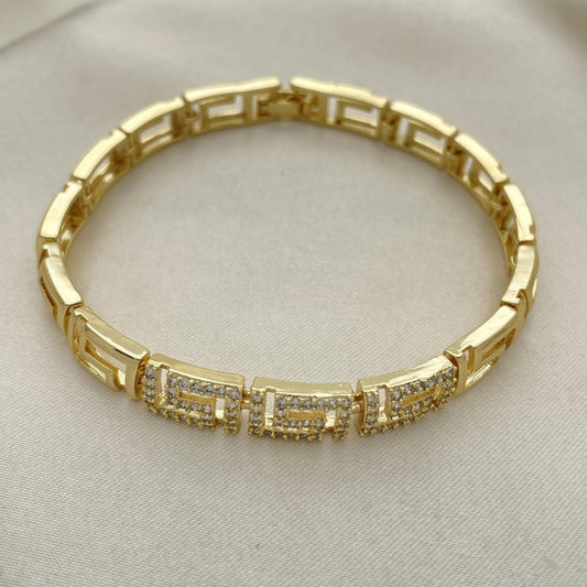 Oro Laminado Fancy Bracelet, Gold Filled Style Greek Key Design, with White Micro Pave, Polished, Golden Finish