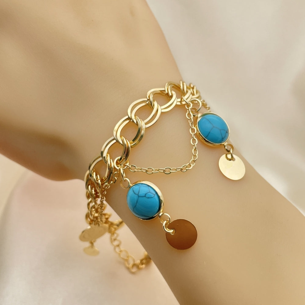 Oro Laminado Charm Bracelet, Gold Filled Style with Turquoise Opal, Polished, Golden Finish