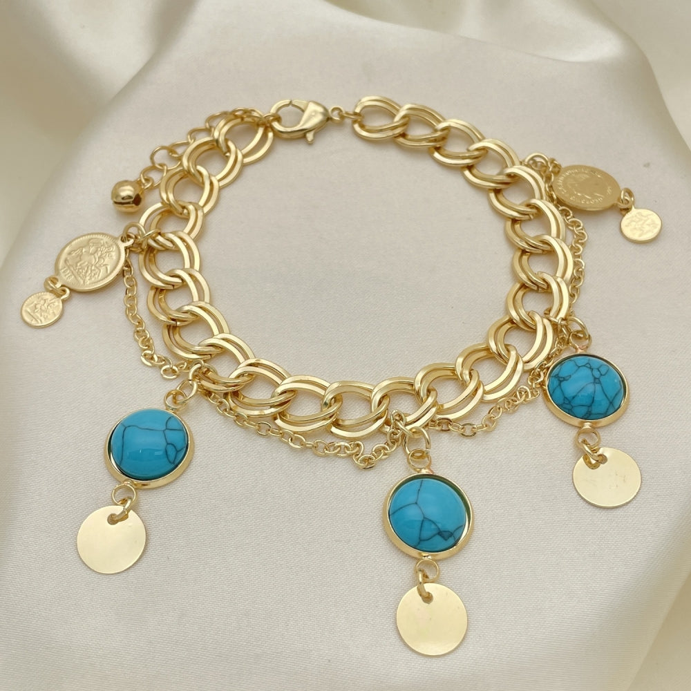Oro Laminado Charm Bracelet, Gold Filled Style with Turquoise Opal, Polished, Golden Finish