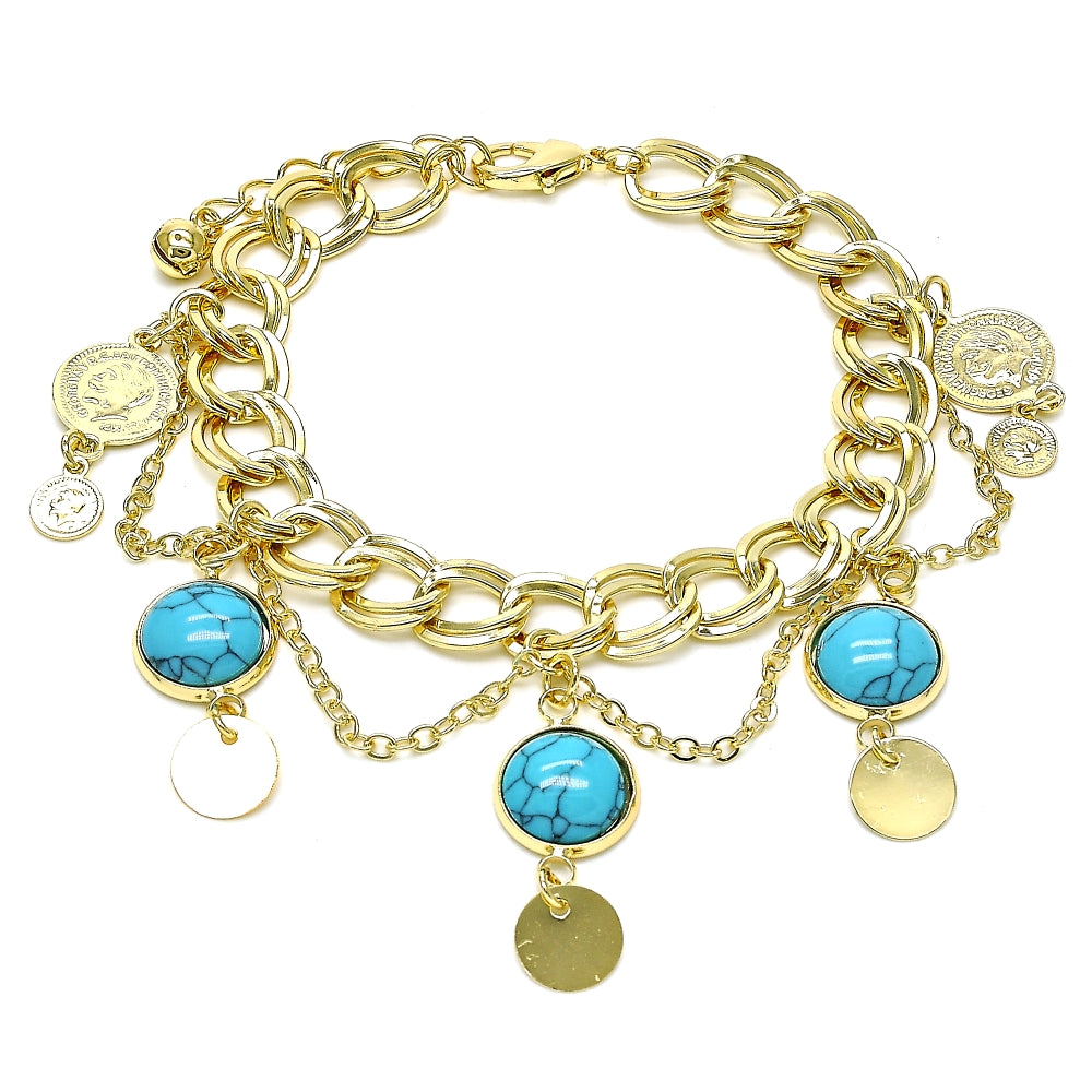 Oro Laminado Charm Bracelet, Gold Filled Style with Turquoise Opal, Polished, Golden Finish