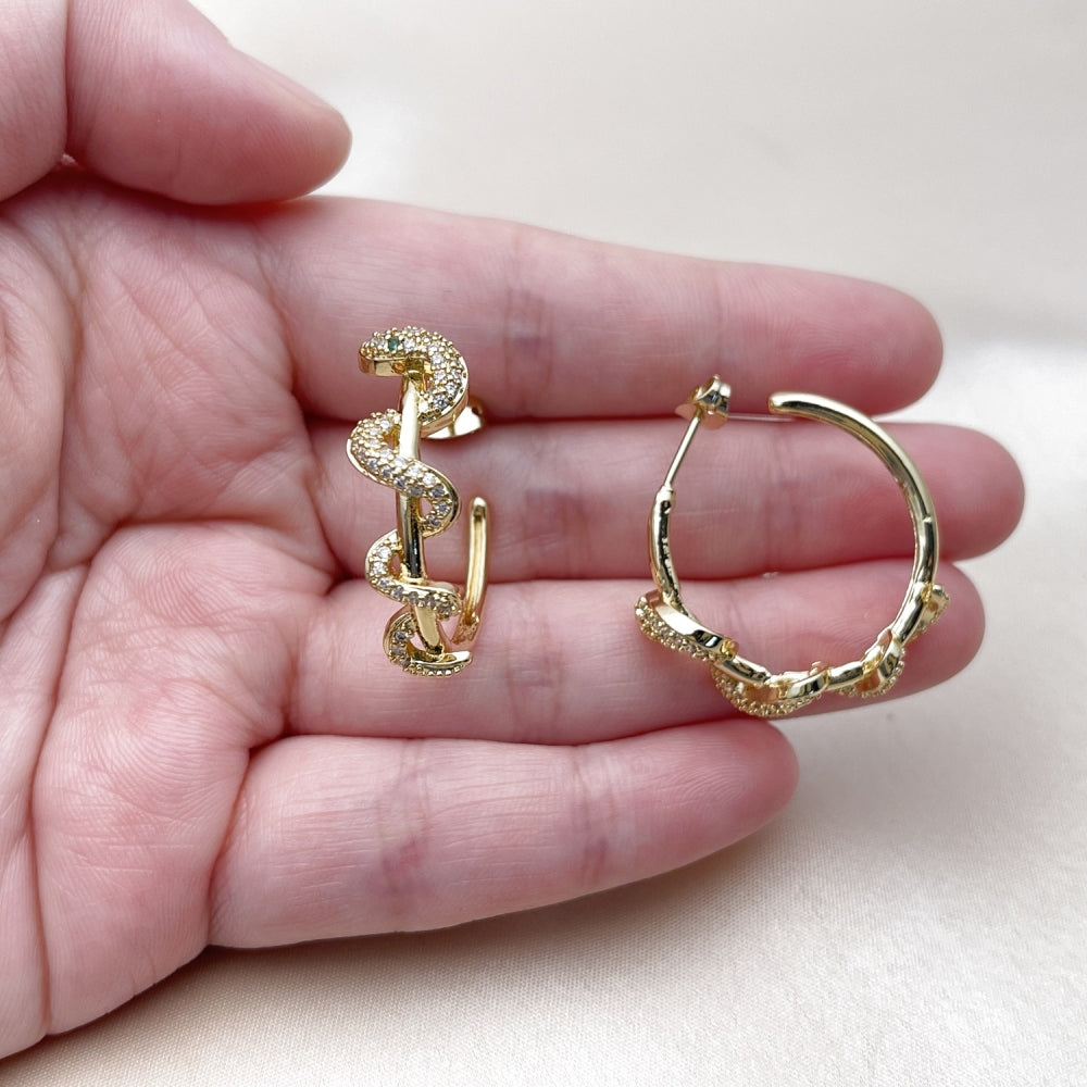 Oro Laminado Stud Earring, Gold Filled Style Snake Design, with White and Green Micro Pave, Polished, Golden Finish