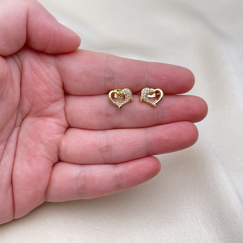 Oro Laminado Stud Earring, Gold Filled Style Dolphin Design, with White Micro Pave, Polished, Golden Finish