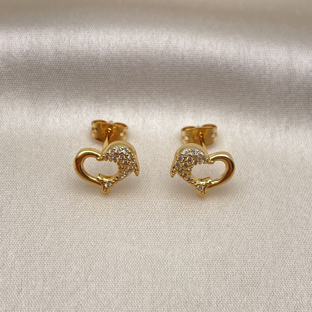 Oro Laminado Stud Earring, Gold Filled Style Dolphin Design, with White Micro Pave, Polished, Golden Finish
