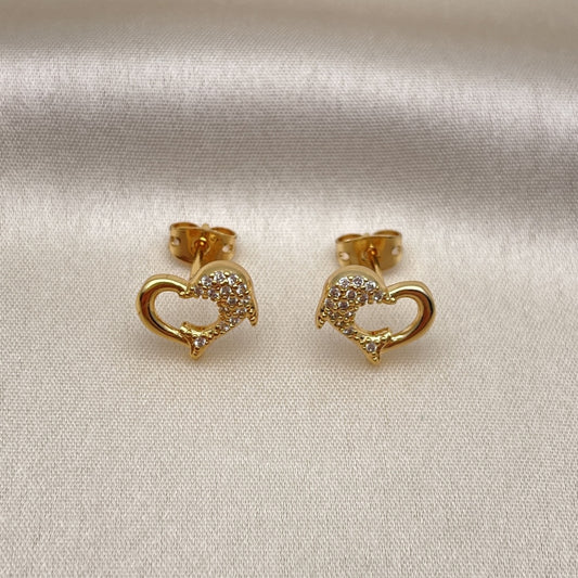 Oro Laminado Stud Earring, Gold Filled Style Dolphin Design, with White Micro Pave, Polished, Golden Finish