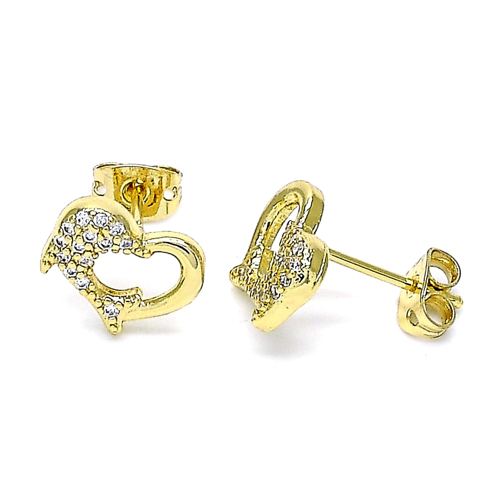 Oro Laminado Stud Earring, Gold Filled Style Dolphin Design, with White Micro Pave, Polished, Golden Finish