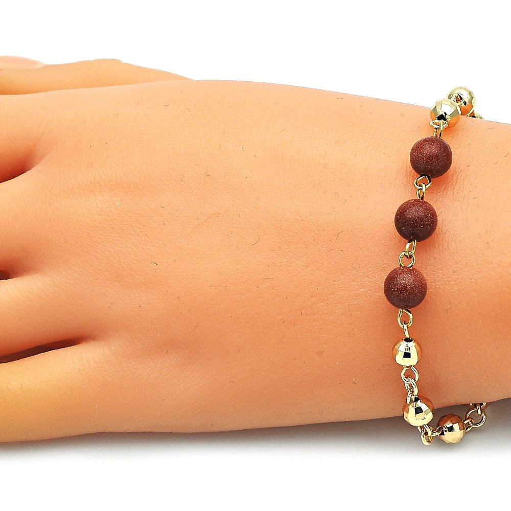 Oro Laminado Fancy Bracelet, Gold Filled Style Ball Design, with Brown Goldstone Venturina, Diamond Cutting Finish, Golden Finish