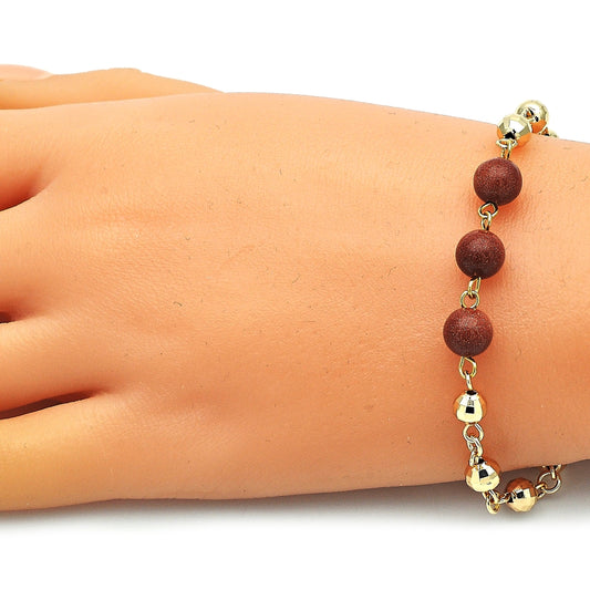 Oro Laminado Fancy Bracelet, Gold Filled Style Ball Design, with Brown Goldstone Venturina, Diamond Cutting Finish, Golden Finish