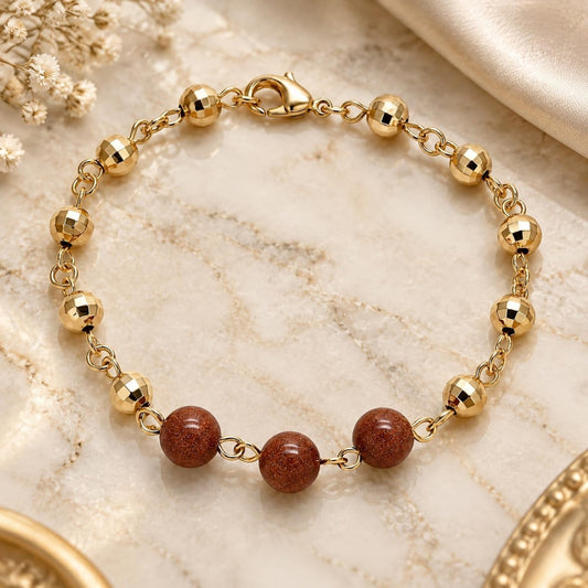 Oro Laminado Fancy Bracelet, Gold Filled Style Ball Design, with Brown Goldstone Venturina, Diamond Cutting Finish, Golden Finish