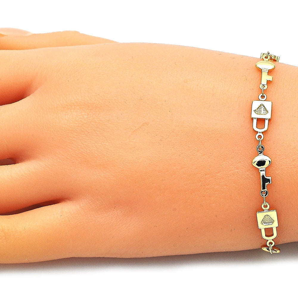 Oro Laminado Fancy Bracelet, Gold Filled Style Lock and key Design, Polished, Golden Finish
