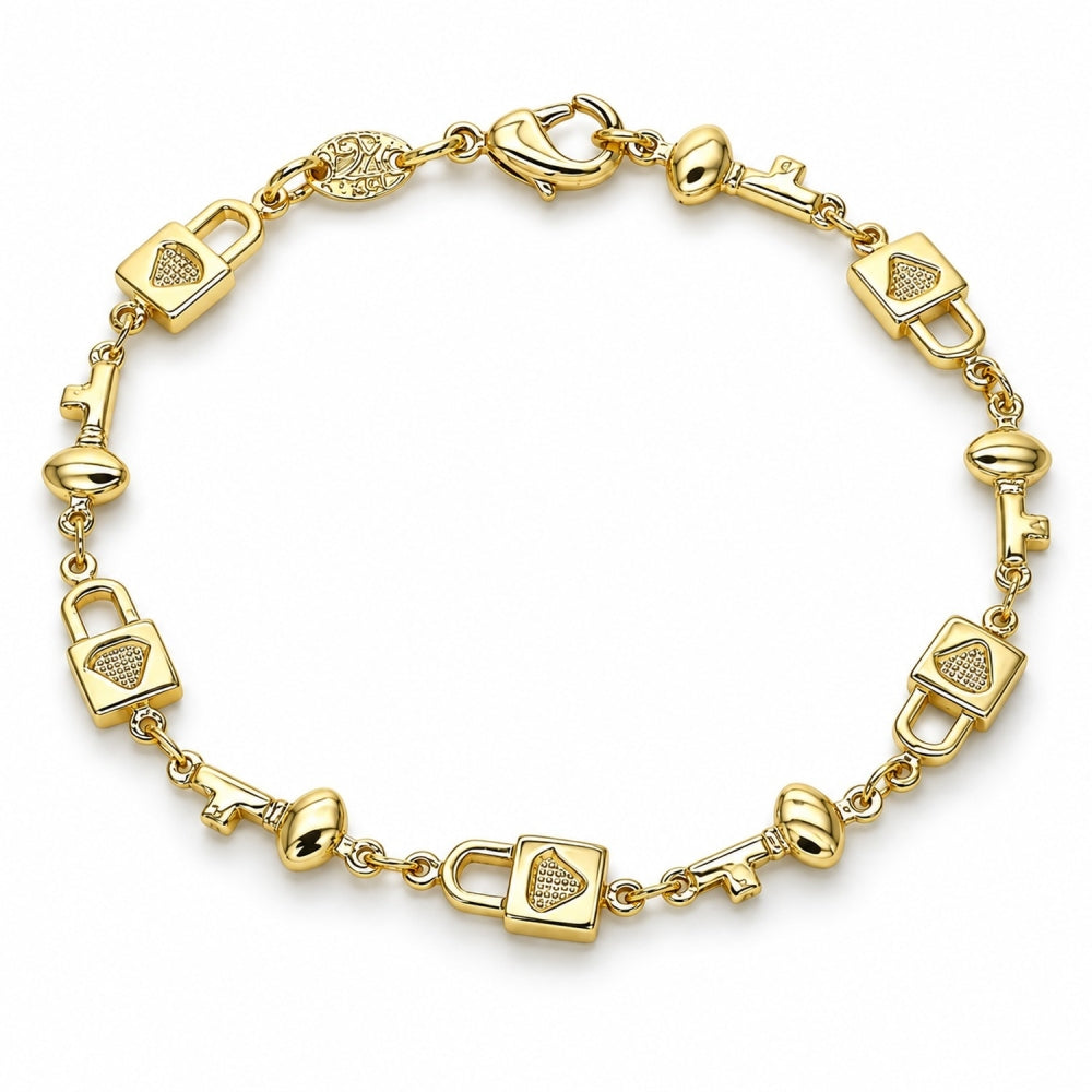 Oro Laminado Fancy Bracelet, Gold Filled Style Lock and key Design, Polished, Golden Finish