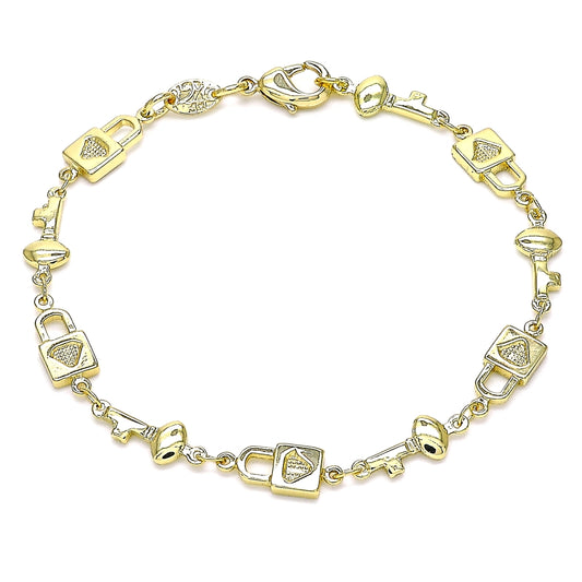 Oro Laminado Fancy Bracelet, Gold Filled Style Lock and key Design, Polished, Golden Finish