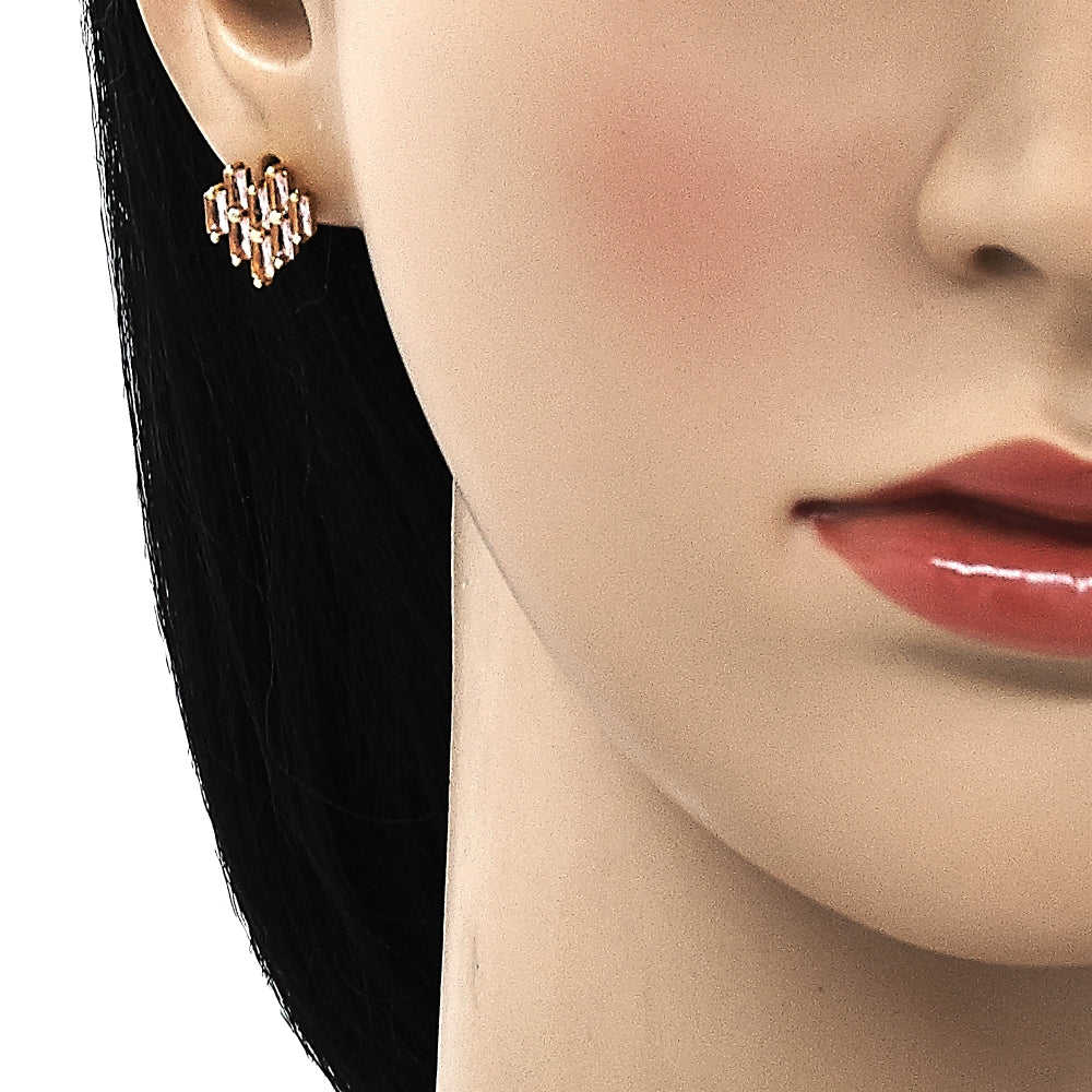 Oro Laminado Stud Earring, Gold Filled Style Baguette Design, with Pink Cubic Zirconia, Polished, Golden Finish
