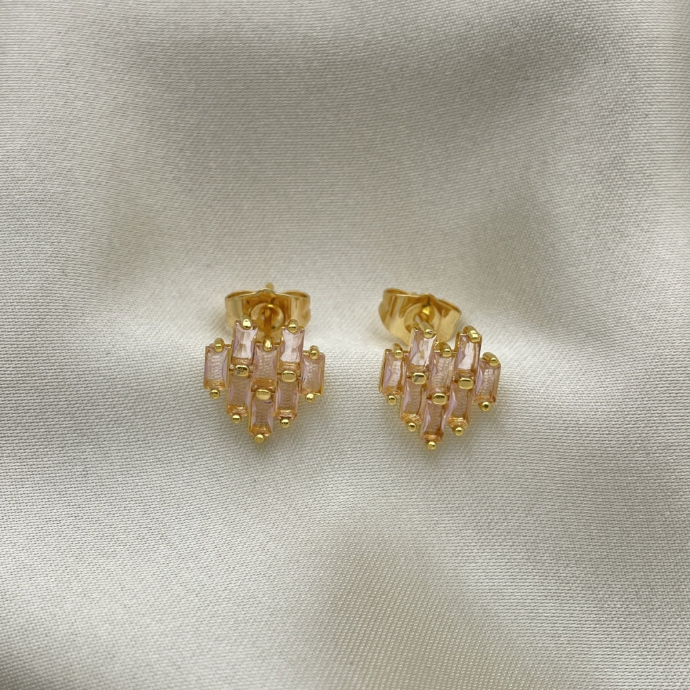 Oro Laminado Stud Earring, Gold Filled Style Baguette Design, with Pink Cubic Zirconia, Polished, Golden Finish