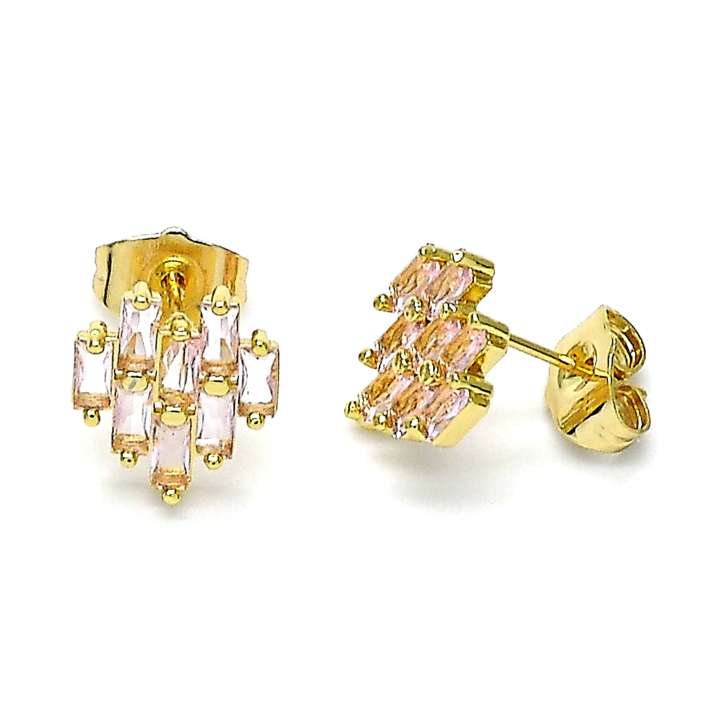 Oro Laminado Stud Earring, Gold Filled Style Baguette Design, with Pink Cubic Zirconia, Polished, Golden Finish