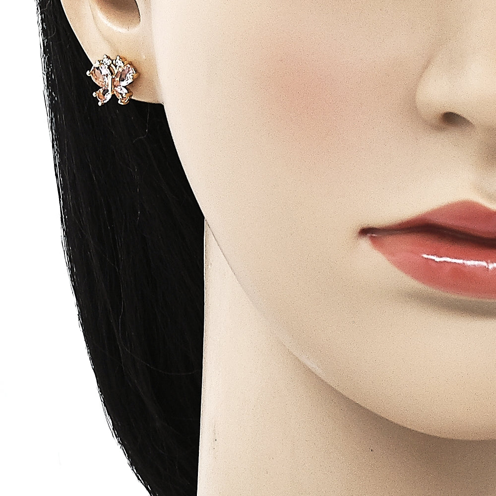 Oro Laminado Stud Earring, Gold Filled Style Butterfly Design, with Pink and White Cubic Zirconia, Polished, Golden Finish