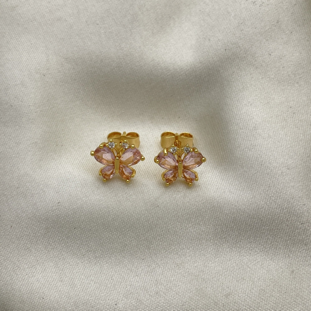 Oro Laminado Stud Earring, Gold Filled Style Butterfly Design, with Pink and White Cubic Zirconia, Polished, Golden Finish