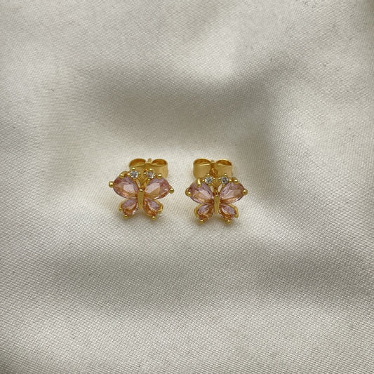 Oro Laminado Stud Earring, Gold Filled Style Butterfly Design, with Pink and White Cubic Zirconia, Polished, Golden Finish