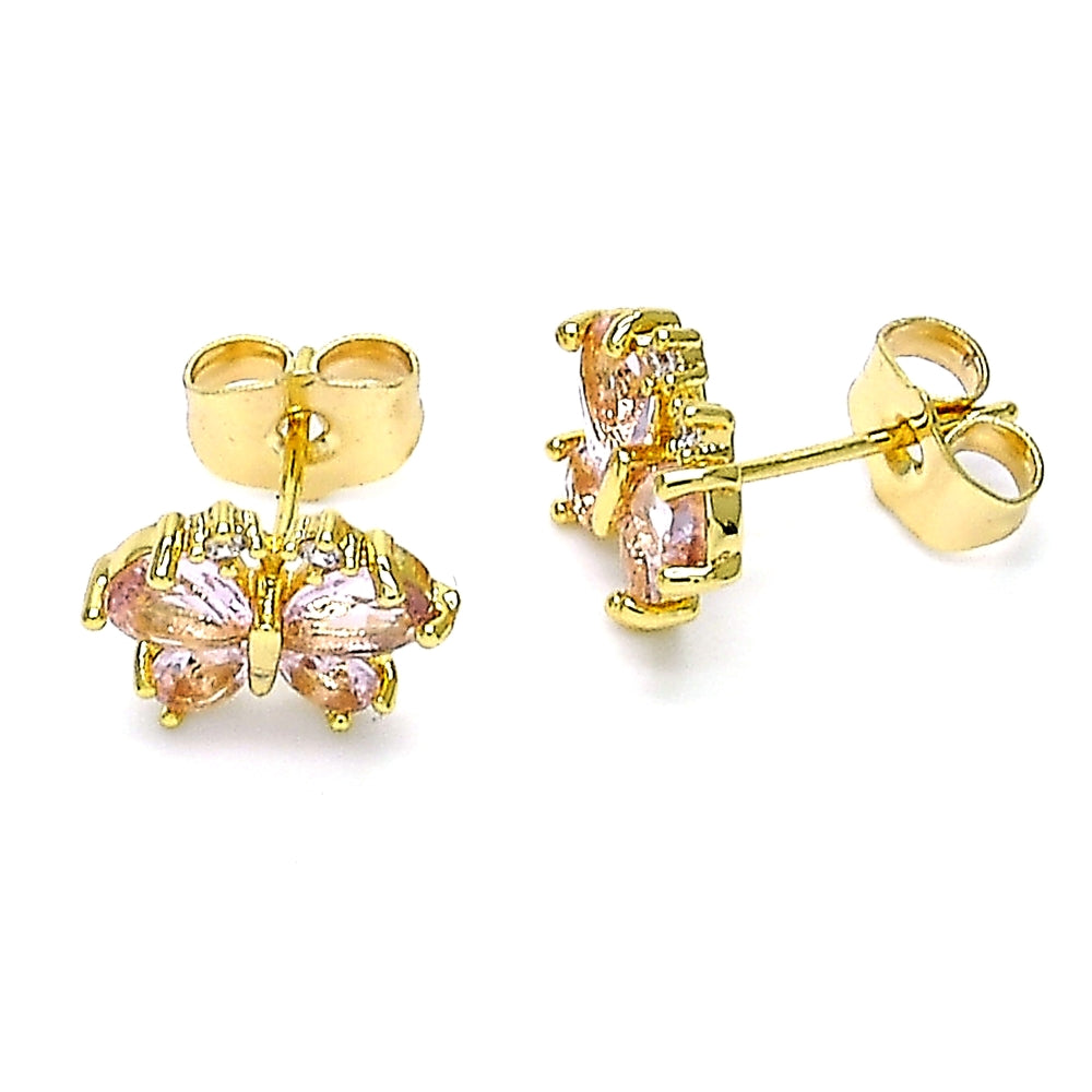 Oro Laminado Stud Earring, Gold Filled Style Butterfly Design, with Pink and White Cubic Zirconia, Polished, Golden Finish
