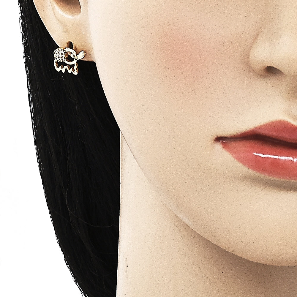 Oro Laminado Stud Earring, Gold Filled Style Elephant Design, with White Micro Pave, Polished, Golden Finish