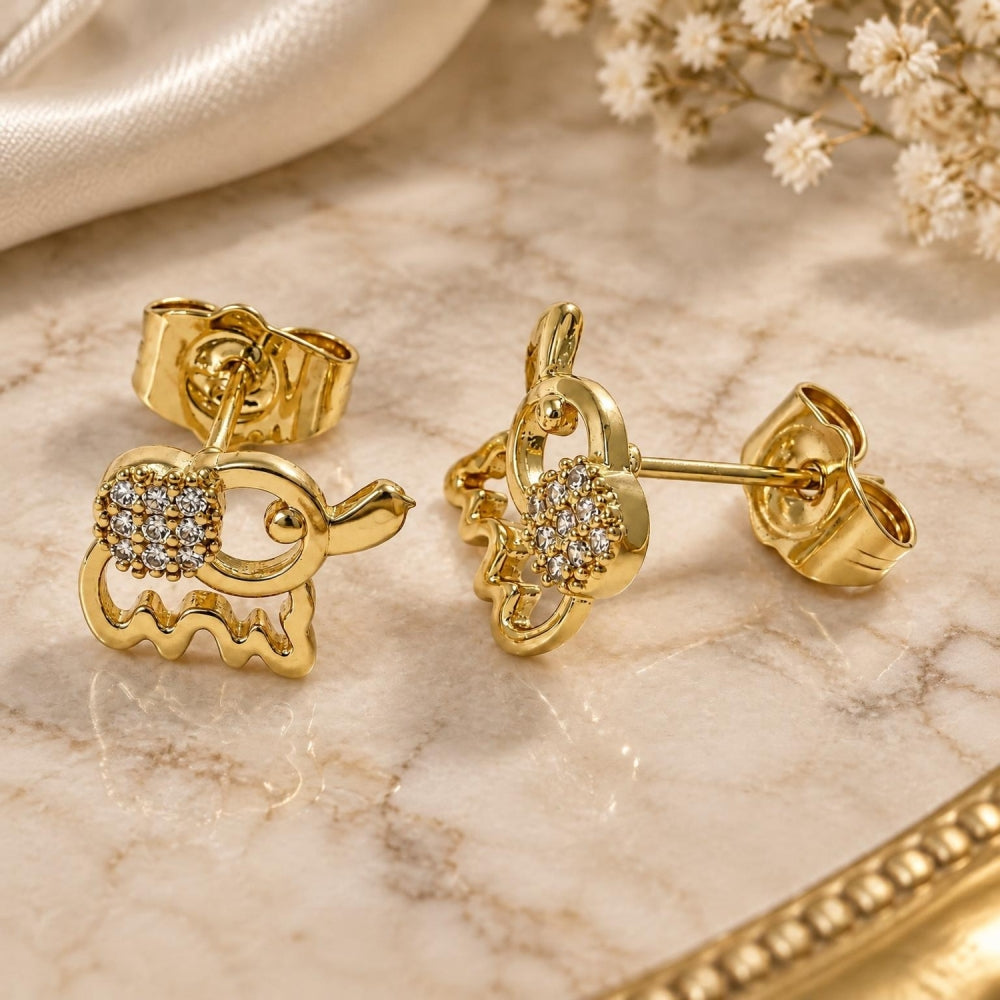 Oro Laminado Stud Earring, Gold Filled Style Elephant Design, with White Micro Pave, Polished, Golden Finish