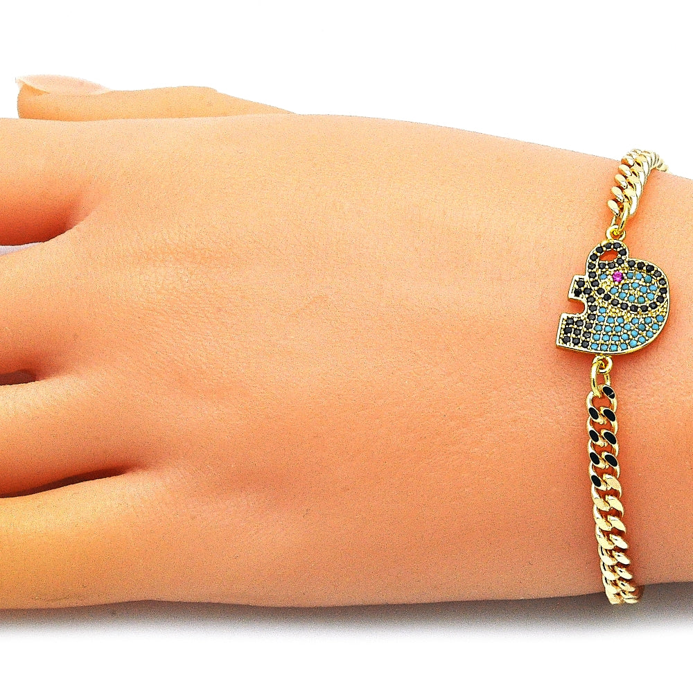 Oro Laminado Fancy Bracelet, Gold Filled Style Elephant Design, with Multicolor Micro Pave, Polished, Golden Finish