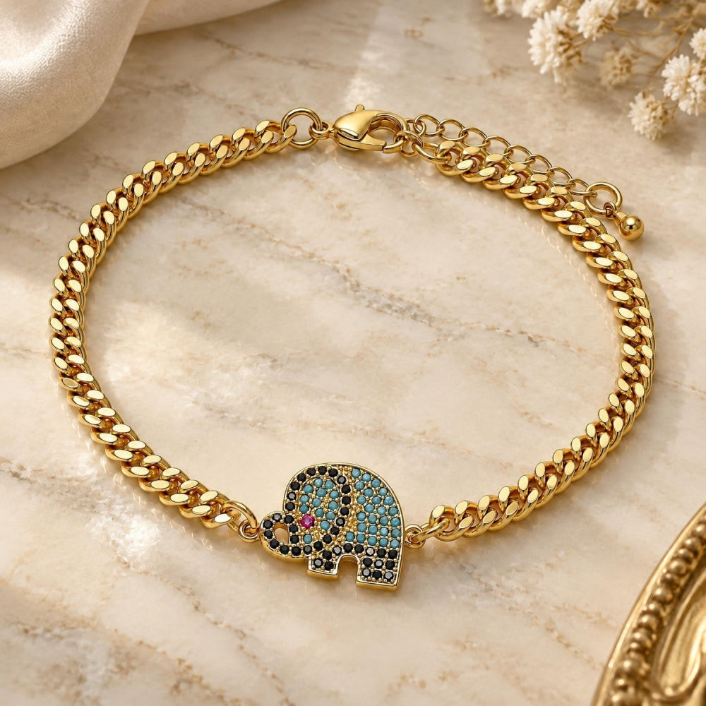 Oro Laminado Fancy Bracelet, Gold Filled Style Elephant Design, with Multicolor Micro Pave, Polished, Golden Finish