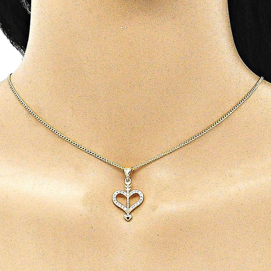 Oro Laminado Earring and Pendant Adult Set, Gold Filled Style Heart Design, with White Micro Pave, Polished, Golden Finish