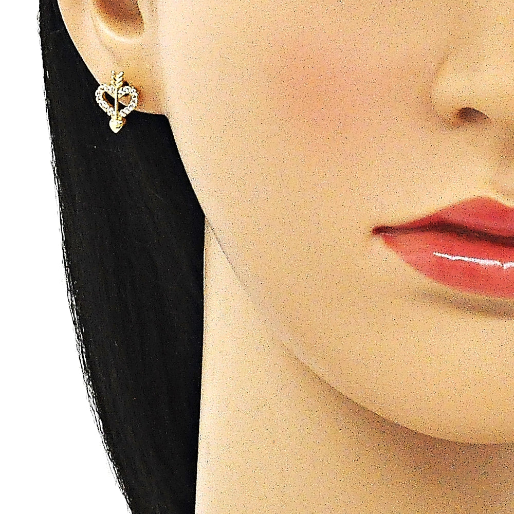 Oro Laminado Earring and Pendant Adult Set, Gold Filled Style Heart Design, with White Micro Pave, Polished, Golden Finish