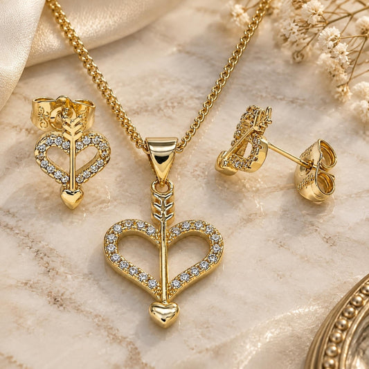 Oro Laminado Earring and Pendant Adult Set, Gold Filled Style Heart Design, with White Micro Pave, Polished, Golden Finish