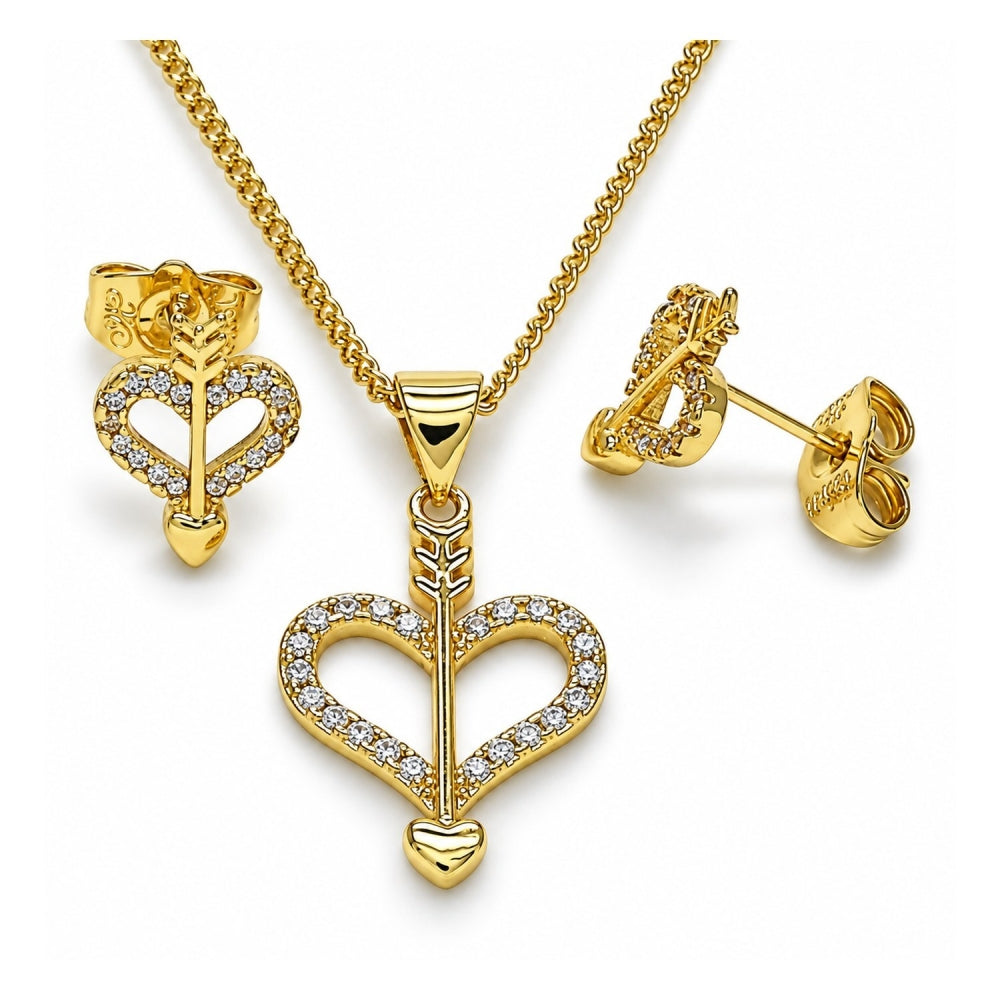 Oro Laminado Earring and Pendant Adult Set, Gold Filled Style Heart Design, with White Micro Pave, Polished, Golden Finish