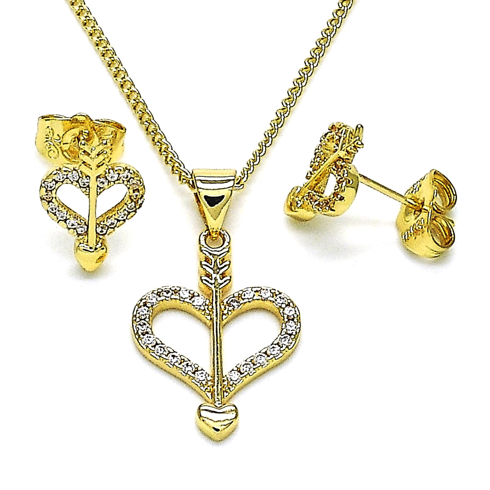 Oro Laminado Earring and Pendant Adult Set, Gold Filled Style Heart Design, with White Micro Pave, Polished, Golden Finish